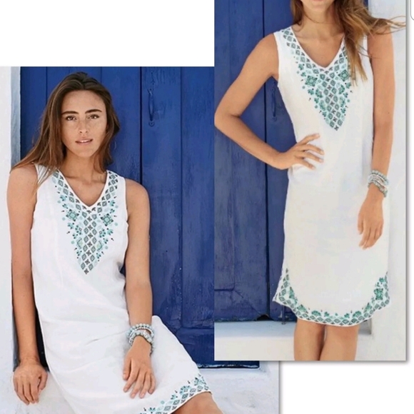 Linen White Embroidered Linen Dress 